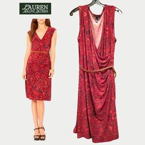 Lauren Ralph Lauren NEW Floral Faux Wrap Ruched Side Braided Belt Dress